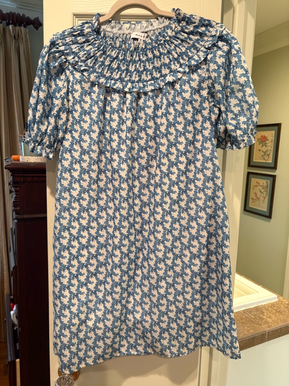 moodie Blue and White Mini Dress with Smocked Yoke